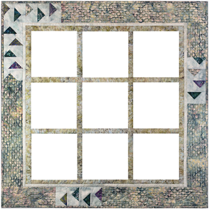 A pieced pattern that joins the nine nesting blocks into a beautiful quilt. features sashings, an inner border and blocks of flying geese on the outer border. made with seed to blossom batik fabrics