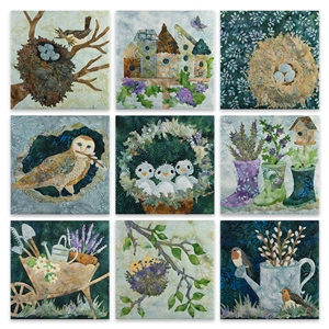 Collection of nine quilt blocks featuring birds, chicks, eggs, bird houses, nests, garden boots, watering can, wheelbarrow and tools