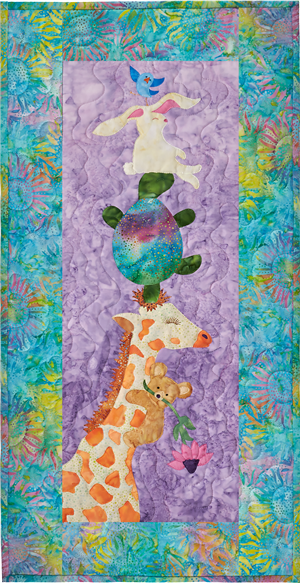 This giraffe is helping his animal friends be Way Up High.  Pattern features a giraffe, bear, turtle, bunny and a blue bird.