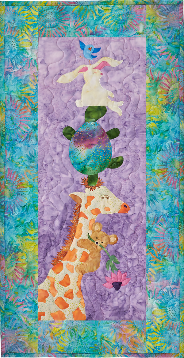 This giraffe is helping his animal friends be Way Up High.  Pattern features a giraffe, bear, turtle, bunny and a blue bird.