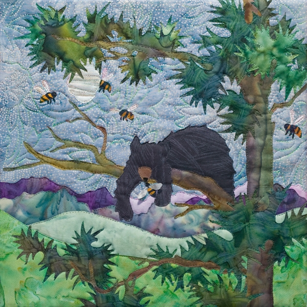 fabric panel with bear raiding a honey bees hive