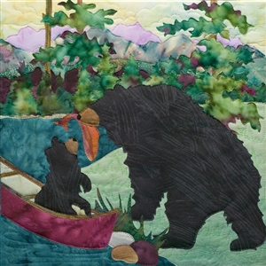 fabric panel with a mama bear sharing her dinner catch of salmon with her cub who is sitting in their canoe