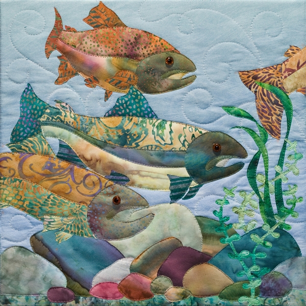 fabric panel featuring several fish swimming among the reeds at the bottom of the river lake