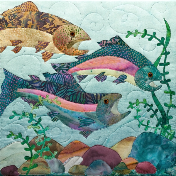 fabric panel featuring several fish swimming among the reeds at the bottom of the river lake