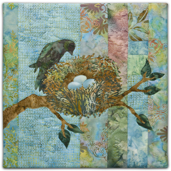 Quilt block with stylized bird on a tree branch in purple and green floral patterns