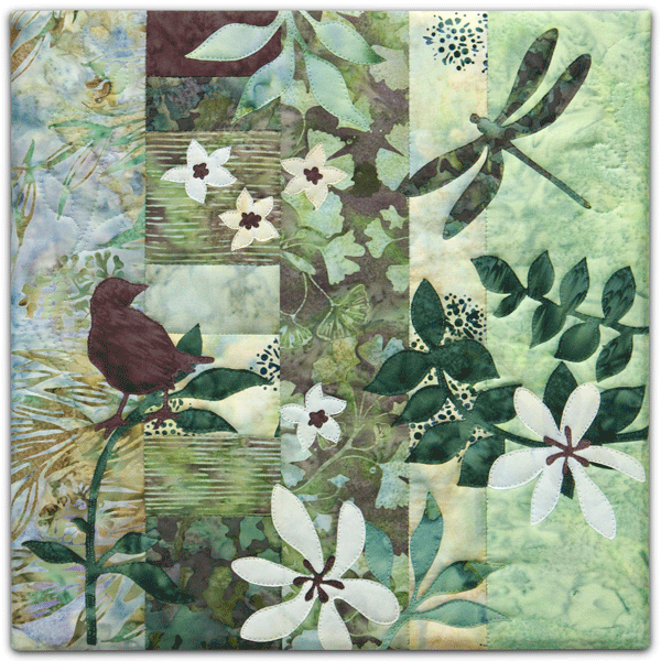 Quilt block with stylized bird on a tree branch in purple and green floral patterns