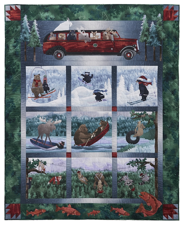 Road Trip by McKenna Ryan Applique Art Quilt. Enjoy Glacier National Park through every season. Featuring Enchanted Pines by McKenna Ryan for Robert Kaufman Fabrics.