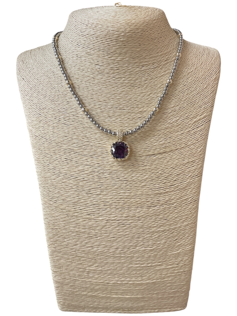 1236A  PURPLE  CRYSTAL SQUARE  RHODIUM PLATED BEADED BALL NECKLACE