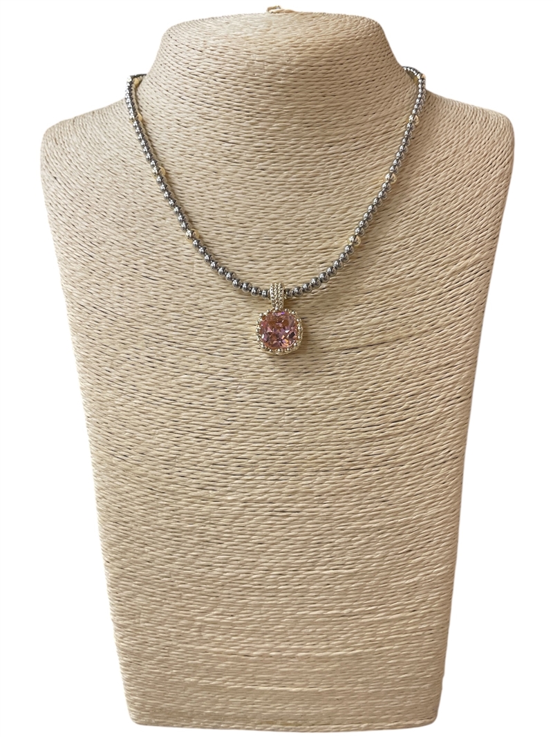 1236R0  PINK CRYSTAL SQUARE  RHODIUM PLATED BEADED BALL NECKLACE