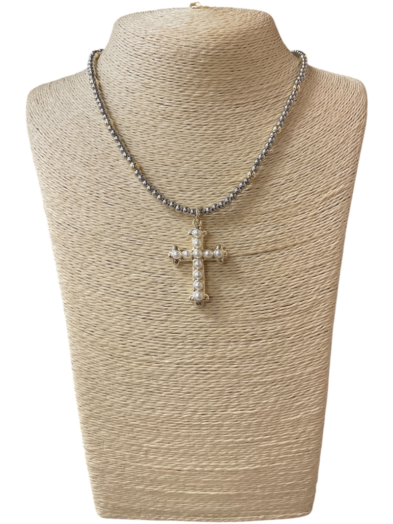 1237  PEARL CROSS  RHODIUM PLATED BEADED BALL NECKLACE