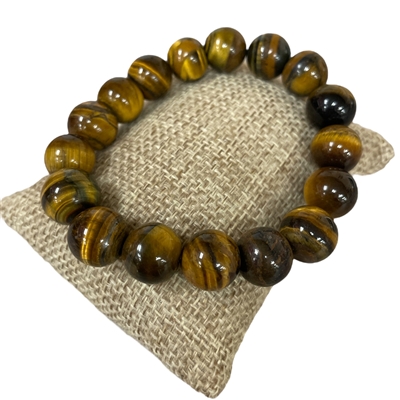 123STG 12MM  SHINY TIGER EYE SEMI-PRECIOUS STONE BRACELET