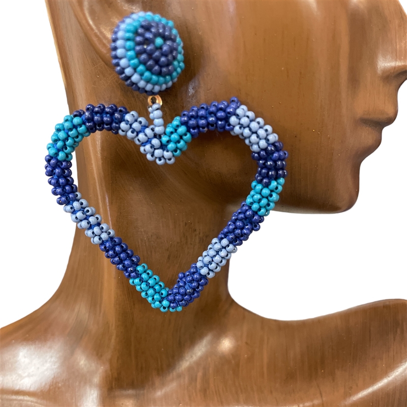 13-3125L BLUE MULTI OPEN HEART SEED BEAD POST EARRINGS