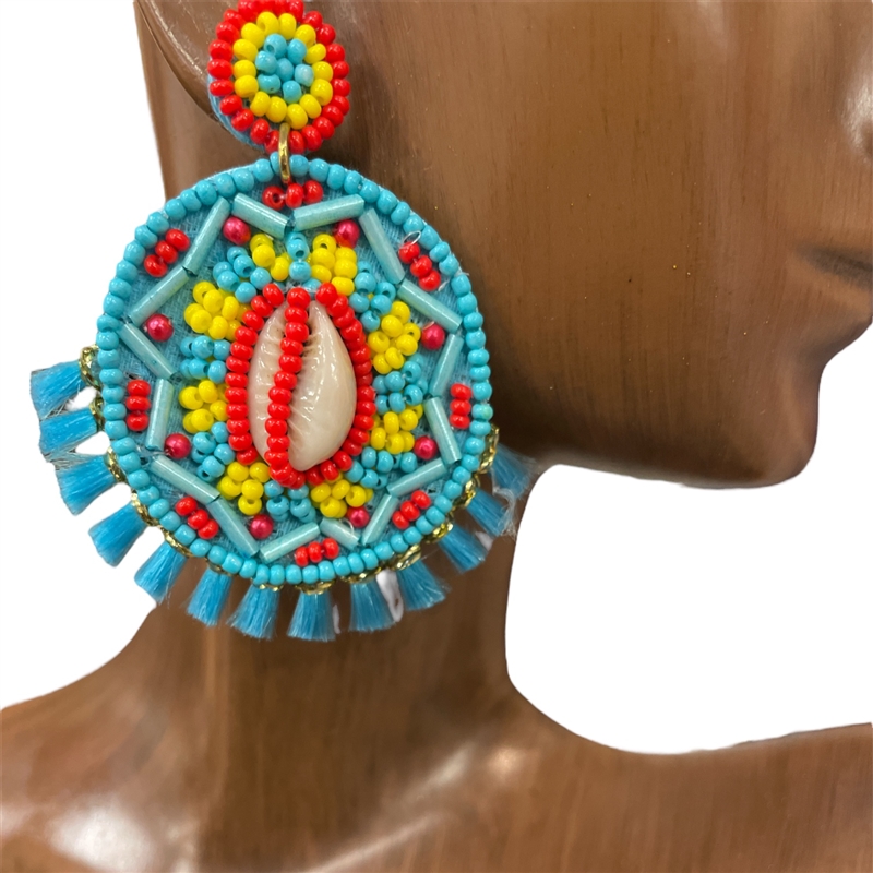 13-3244T TURQUOISE SEA SHELL ROUND SEED BEAD POST EARRINGS