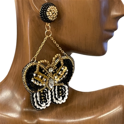 13-3327 BLACK GOLD BUTTERFLY SEED BEAD DANGLE EARRINGS