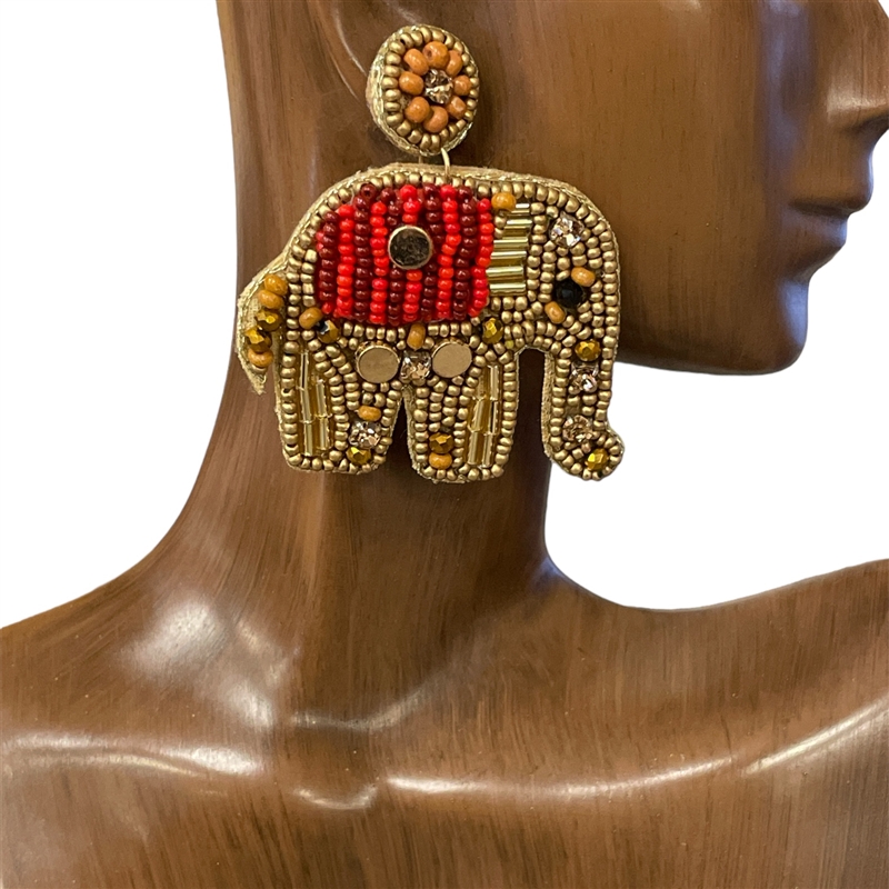 13-3331 GOLD RED ELEPHANT SEED BEAD POST EARRINGS