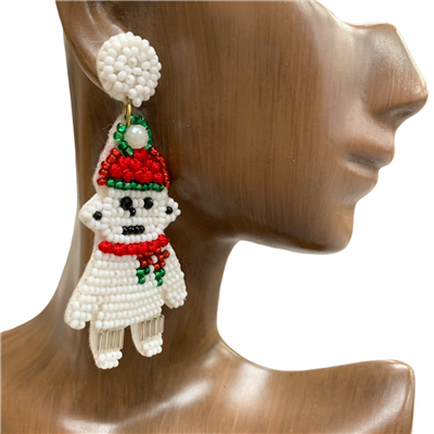 13-3530 CHRISTMAS POLAR BEAR SEED BEAD EARRINGS