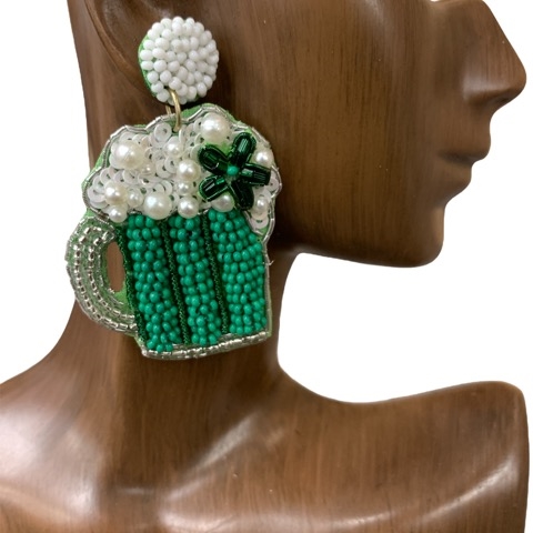 13-3791 ST. PATRICK`S BEER  SEED BEAD EARRINGS