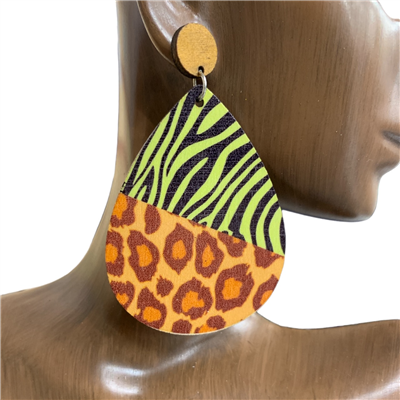 13-3851 ZEBRA /LEOPARD  TEARDROP WOODEN EARRINGS