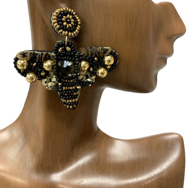 13-3960 BLACK GOLD BUMBLE BEE SEED BEAD POST EARRINGS