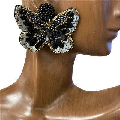 13-4017 BLACK MULTI BUTTERFLY SEED BEAD POST EARRINGS