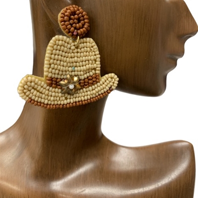 13-4104 CREAM BROWN HAT  SEED BEAD EARRINGS