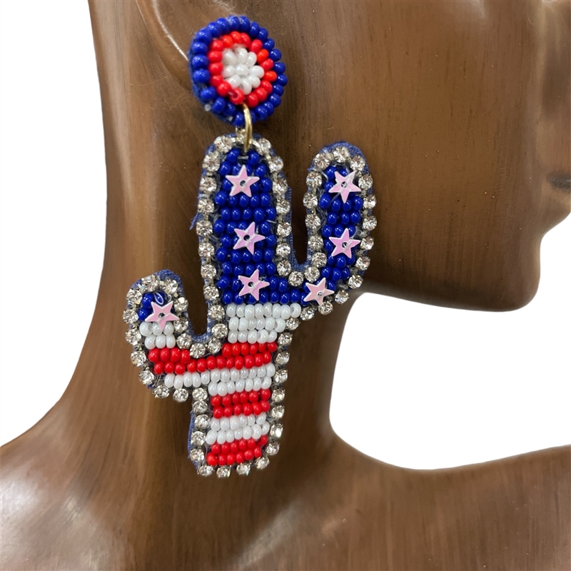 13-4132 RED WHITE BLUE CACTUS SEED BEAD EARRINGS