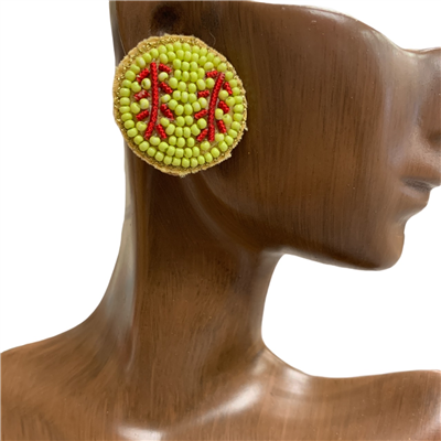 13-4161  GREEN SOFTBALL  SEED BEAD EARRINGS