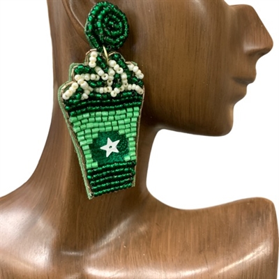 13-4349G  GREEN  COFFEE CUP SEED BEAD POST EARRINGS