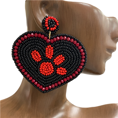 13-4849 RED BLACK  PUPPY PAW SEED BEAD EARRINGS
