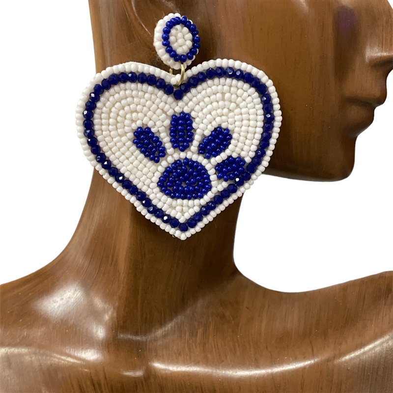 13-4849BL  WHITE BLUE  PUPPY PAW SEED BEAD EARRINGS