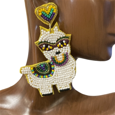 13-4934 HEART MARDI GRAS LLAMA SEED BEAD EARRINGS