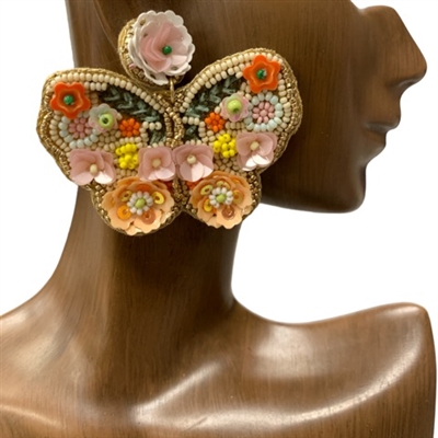 13-5217MC MULTI COLOR FLOWER BUTTERFLY SEED BEAD EARRINGS