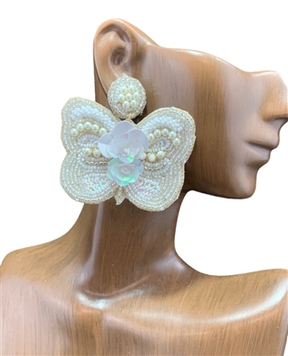 13-5218 WHITE BUTTERFLY SEED BEAD POST EARRINGS