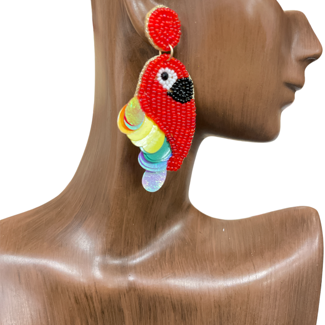 13-5239  RED MULTI PARROT SEED BEAD EARRINGS