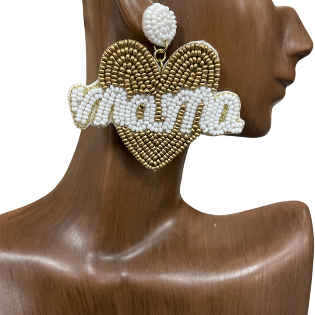 13-5273-2 GOLD WHITE HEART MAMA SEED BEAD EARRINGS