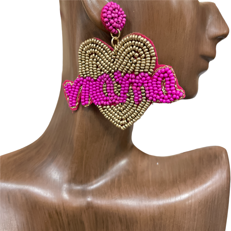 13-5273-3 GOLD HOT PINK  HEART MAMA SEED BEAD EARRINGS