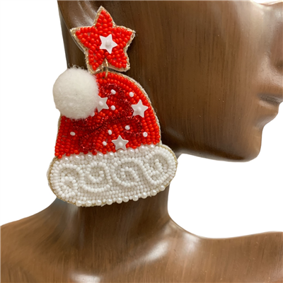13-5629 CHRISTMAS RED  HAT  SEED BEAD EARRINGS