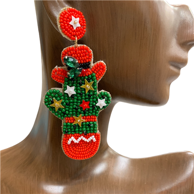 13-5637  CHRISTMAS CACTUS SEED BEAD EARRINGS