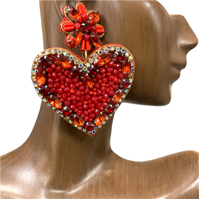 13-5842RD RED HEART RHINESTONE  SEED BEAD POST EARRINGS