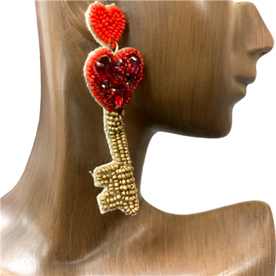 13-5843 RED HEART/KEY SEED BEAD POST EARRINGS