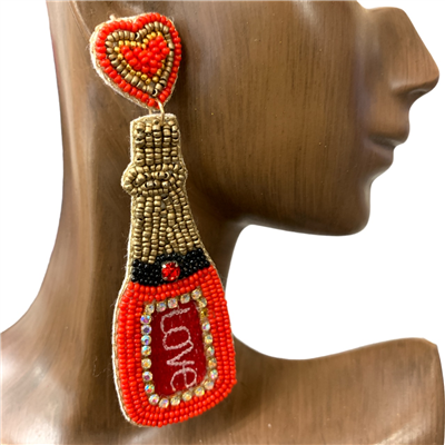 13-5849RD  RED LOVE  BOTTLE SEED BEAD POST EARRINGS