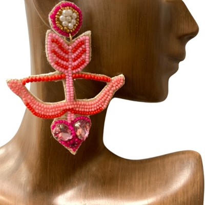 13-5852PK  PINK ARROW LOVE  SEED BEAD POST EARRINGS