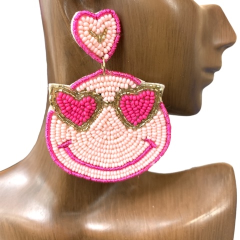 13-5863  PINK HAPPY FACE  SEED BEAD POST EARRINGS