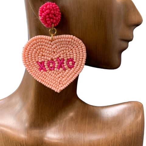 13-5865 PINK HEART XOXO SEED BEAD POST EARRINGS