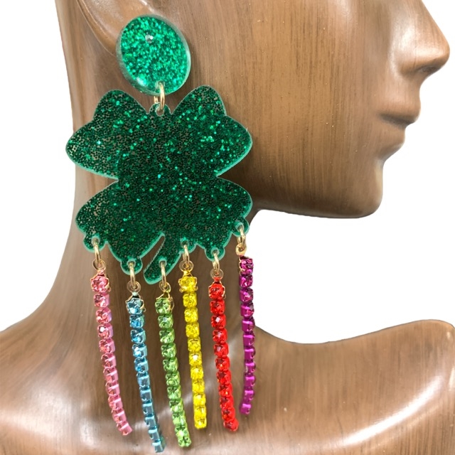 13-5945  MULTI COLOR RHINESTONE   FOUR LEAF ACRYLIC EARRINGS