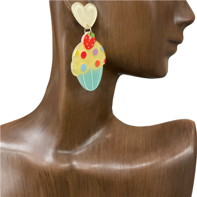 13-5960 YELLOW HEART STRAWBERRY  ICE CREAM ACRYLIC EARRINGS