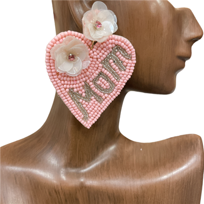13-5999 PINK FLORAL HEART MOM  SEED BEAD EARRINGS