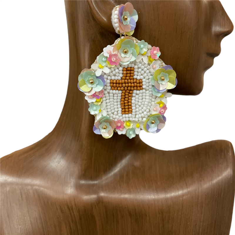 13-6025-2 MULTI COLOR FLORAL CROSS IN CENTER SEED BEAD  EARRINGS