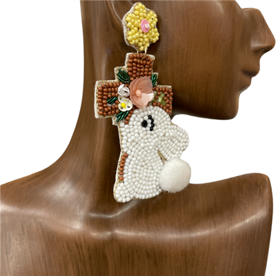 13-6031-2  BROWN  CROSS/ BUNNY SEED BEAD  EARRINGS