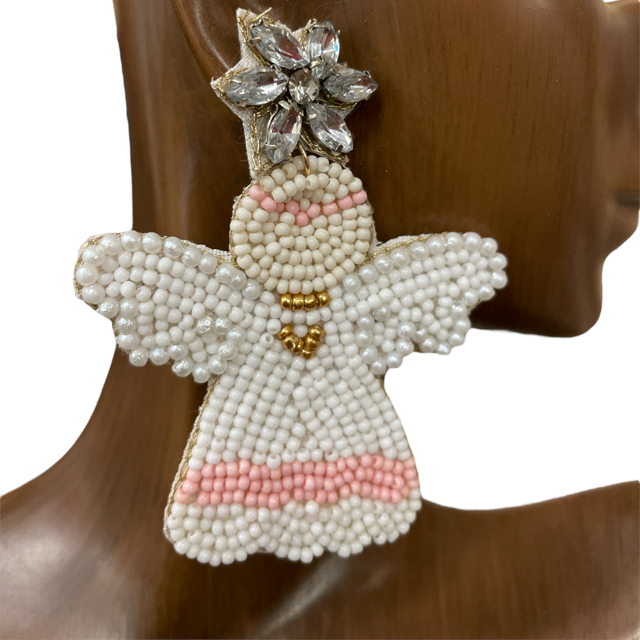 13-6036  WHITE PINK  ANGEL SEED BEAD  EARRINGS